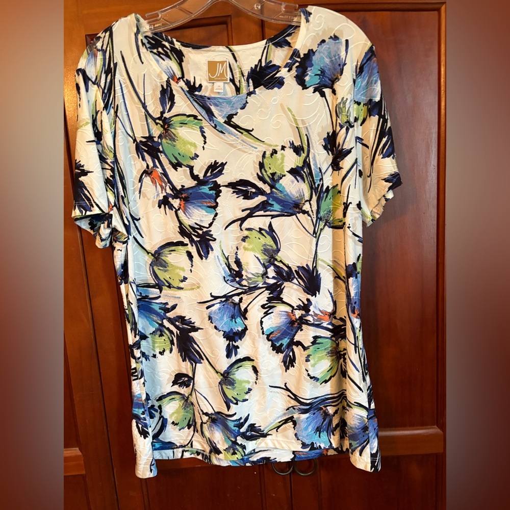 JM Collection Women's Floral Blouse - Blue, Green, and Cream